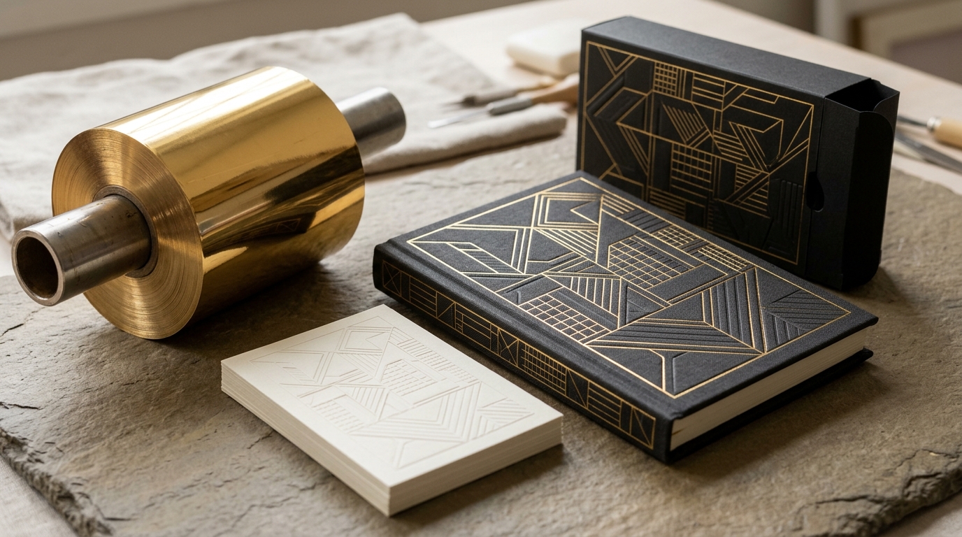 Roll of metallic gold stamping foil beside a foil-blocked hardcover notebook, blind-embossed stationery cards, and packaging carton