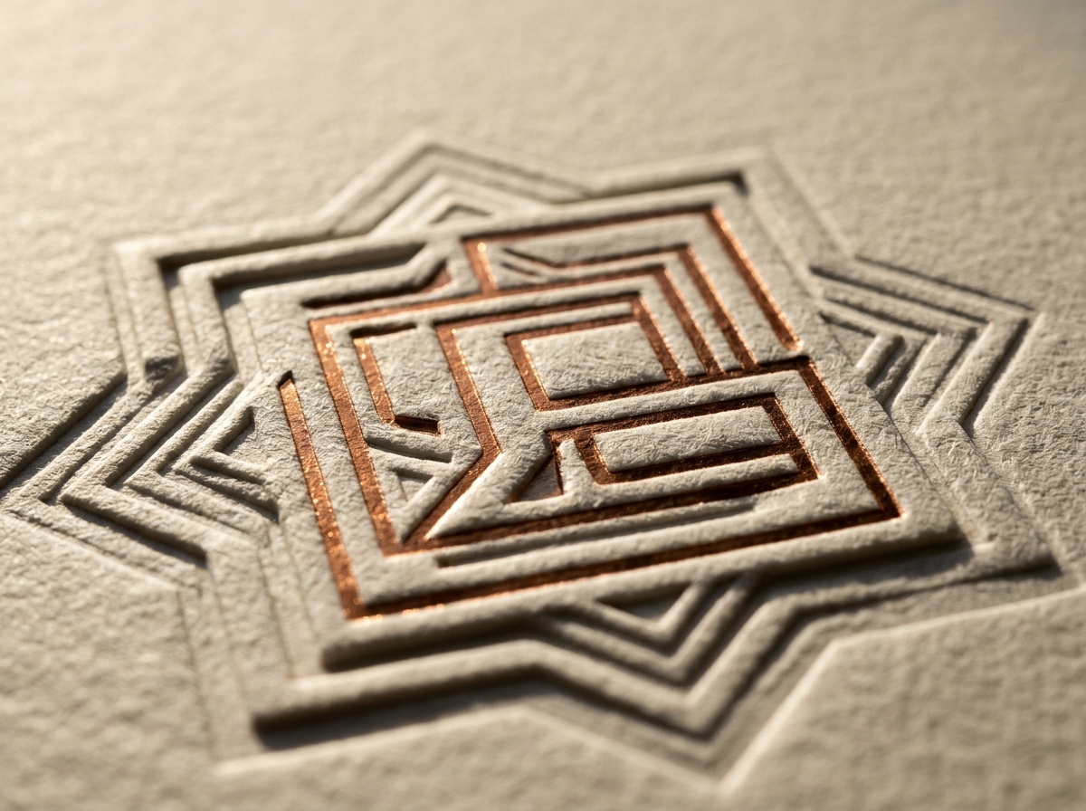 Close-up detail of metallic foil combined with raised embossed relief on textured card